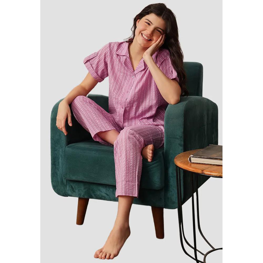 Sassy Stripes корейская пижама-двойка на пуговицах, сиреневая — хлопок 2