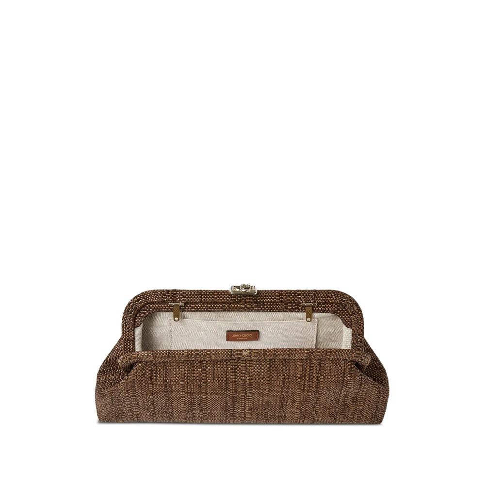 Skylar tan fine raffia clutch bag with square JC clasp 1