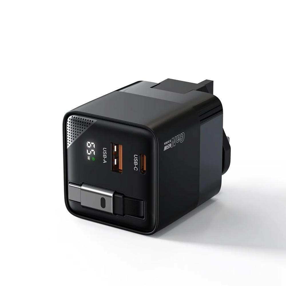 Choetech PD 65W GaN зарядное устройство с выдвижным USB-C кабелем (в комплекте многонациональные переходники, индикатор мощности зарядки) 1