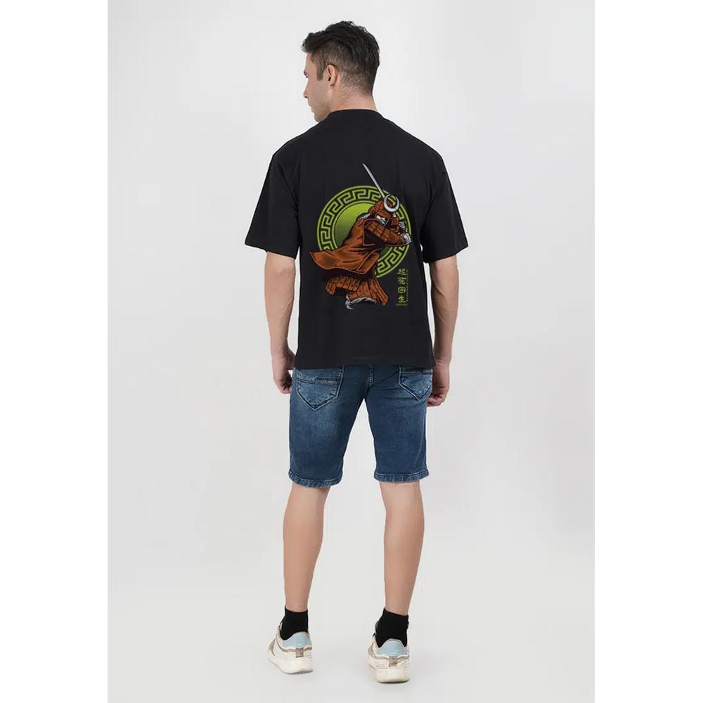 Черная хлопковая футболка oversize с принтом самурая с мечом 2