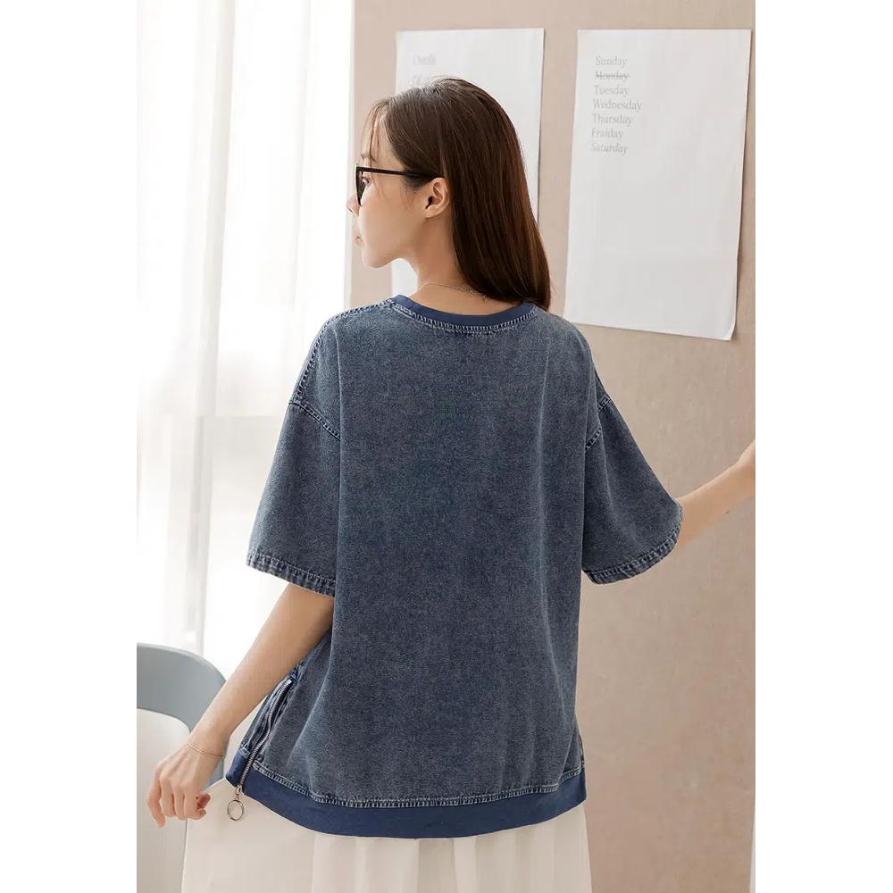 Мытый деним топ с боковым разрезом и коротким рукавом [AB21188] 5