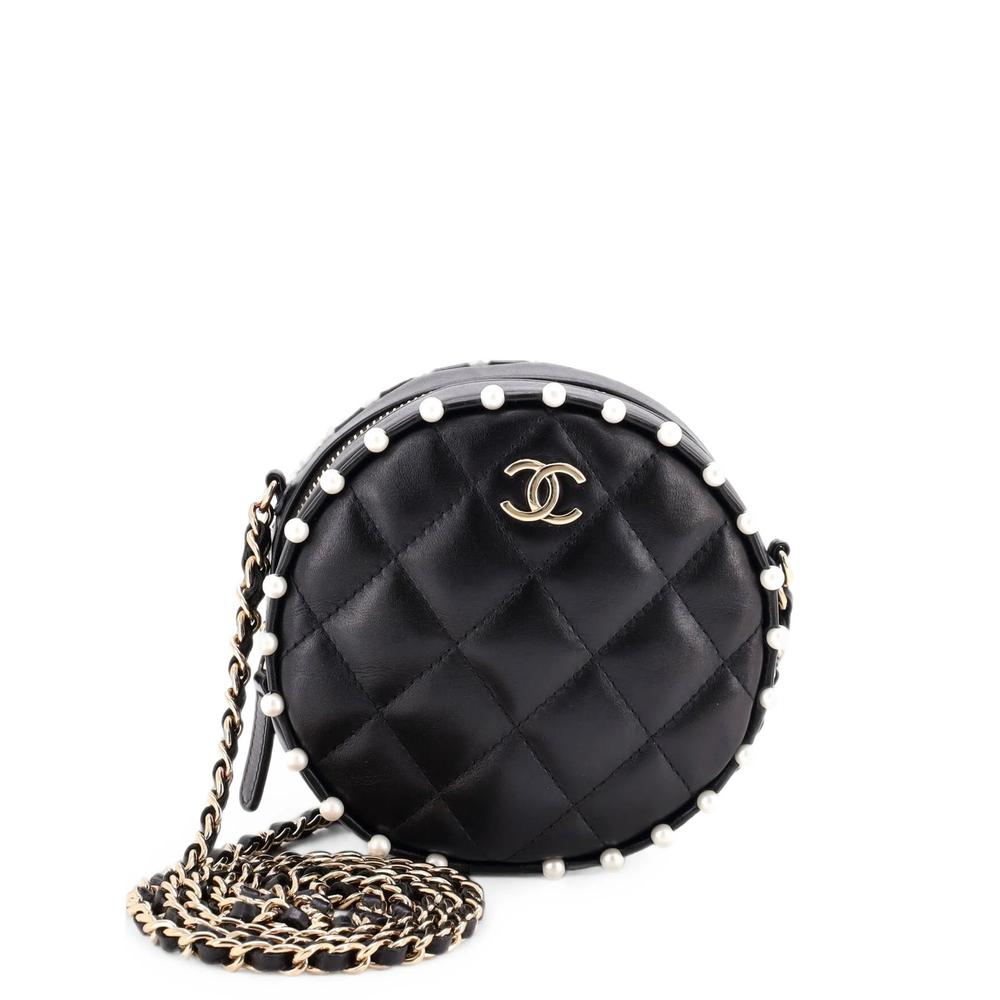 Round Clutch with Chain Quilted Calfskin with Pearl Detail crossbody bag 1