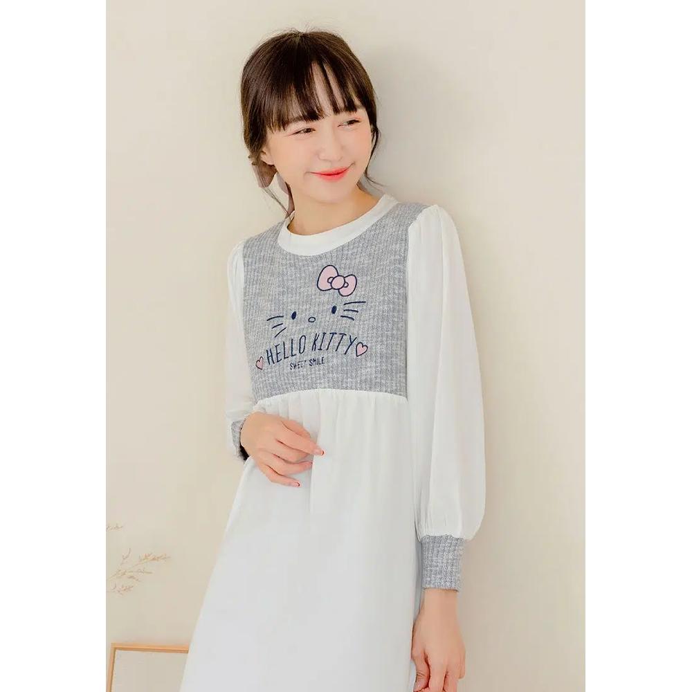 HELLO KITTY Пэчворк рифленое вышитое платье мини с перепадом длины [KB1395] 3