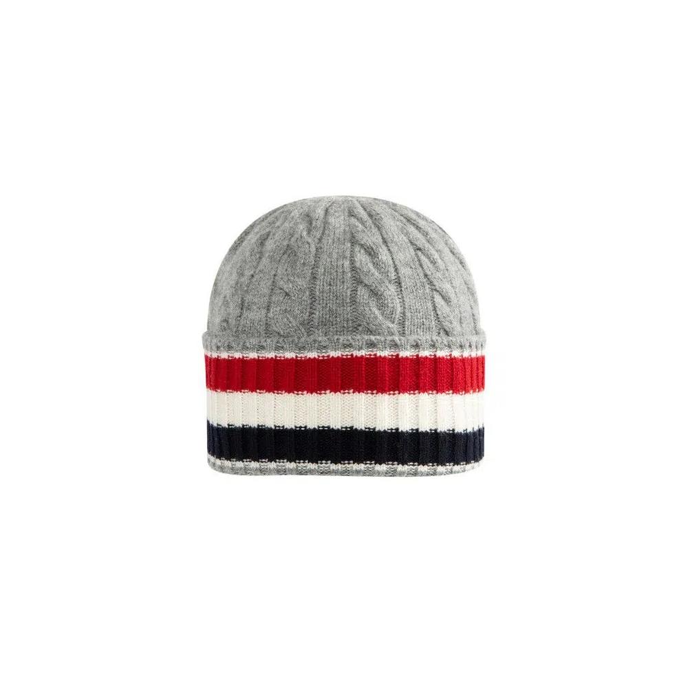 Шапки Thom Browne Cable And Rib Beanie In Merino Wool W/ RWB Stripe «Светло-серый» 1