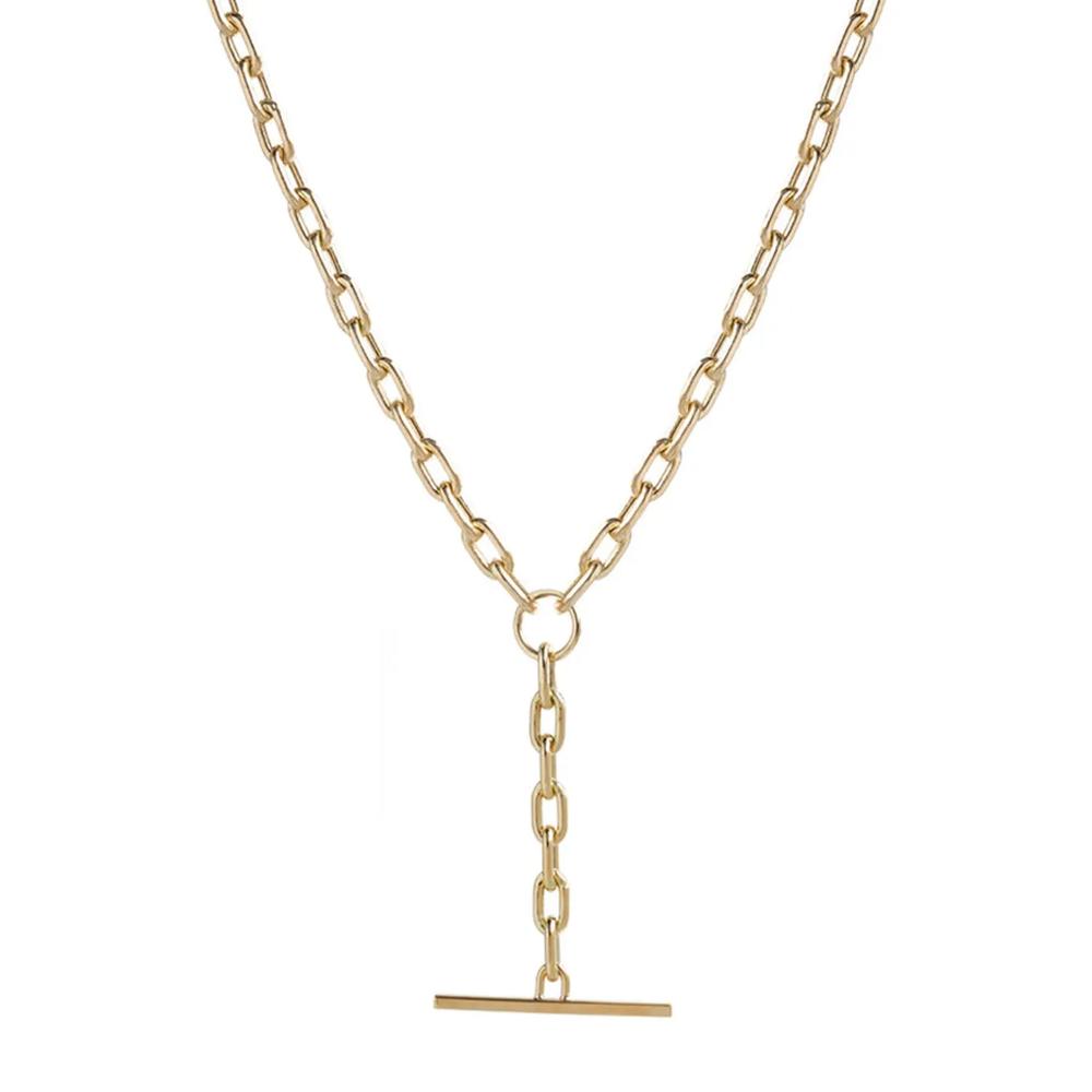 14K GOLD MEDIUM SQUARE OVAL LINK FAUX TOGGLE LARIAT NECKLACE 1