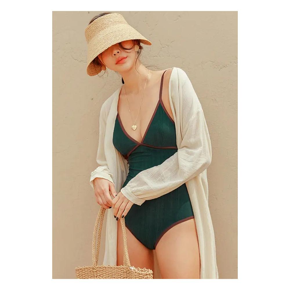 Корейский однотонный слитный купальник с вырезами A21031809GR 8