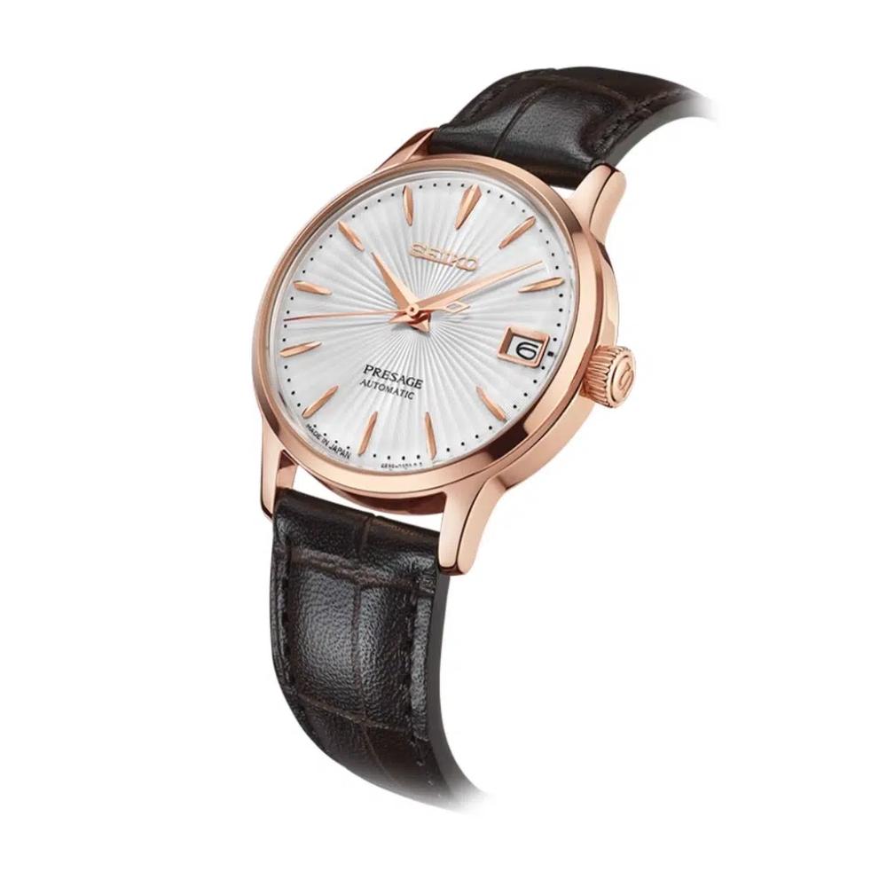 Seiko Presage Cocktail Time ‘Bellini’ Бледно-розовый циферблат, коричневый кожаный ремешок, автоматические часы SRP852J1 2