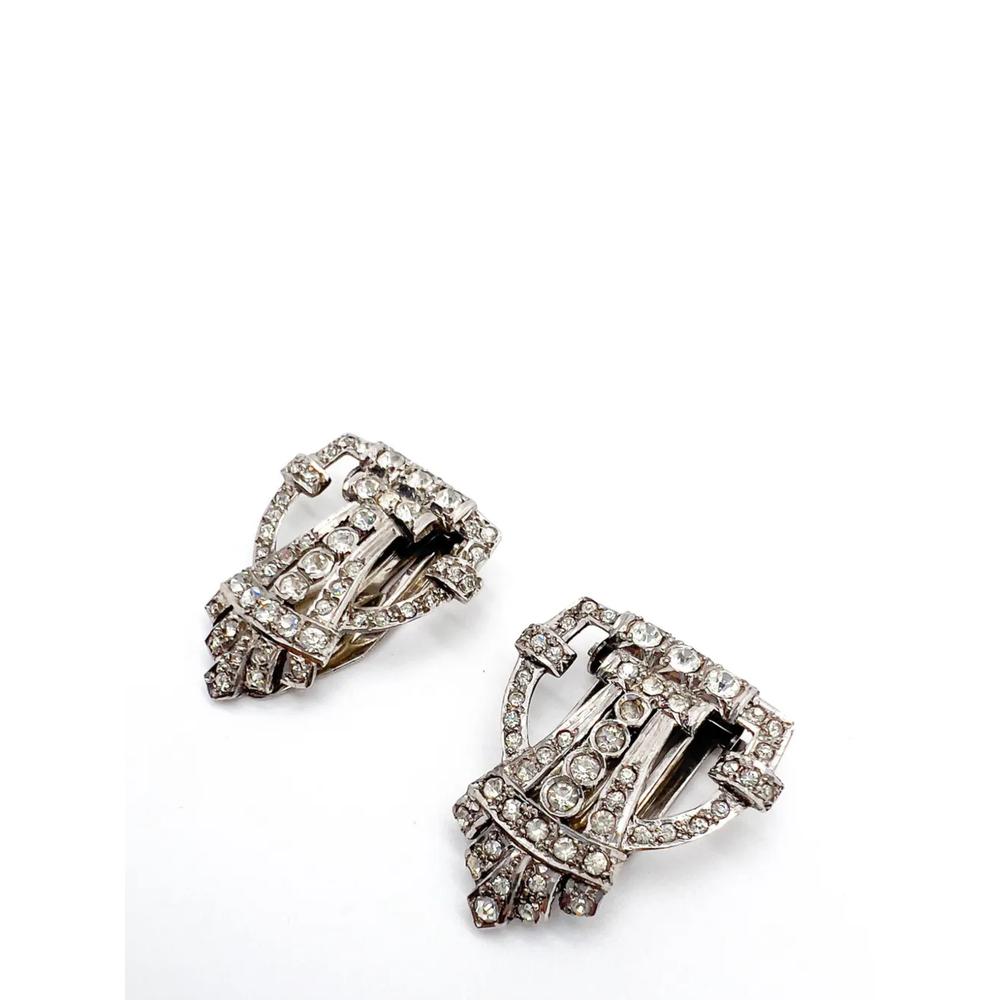 Vintage English Art Deco Silver &amp; Paste Dress Clip Pair 1930s 2