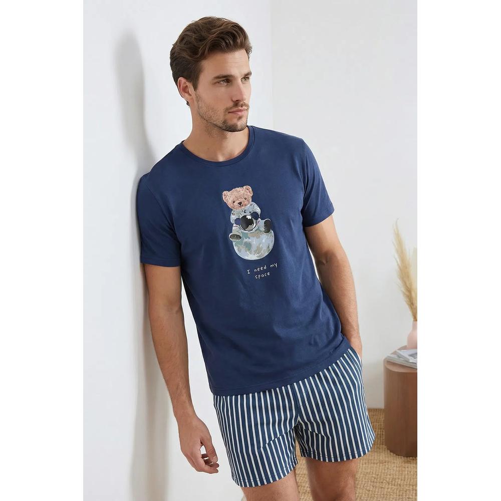 Индиго пижамный набор Regular Cotton с коротким рукавом, принтом медвежонка и полосатым низом Tmnss26Pt00013 1