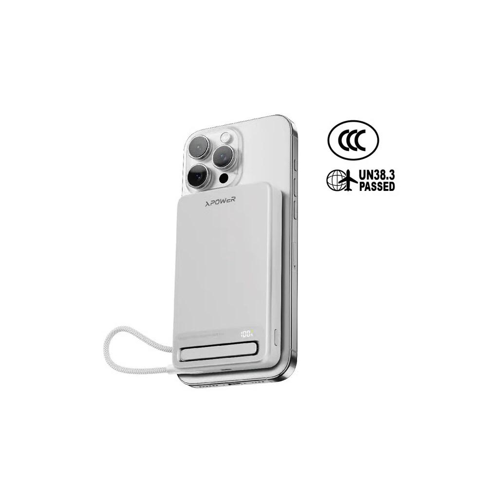 XPower MagNetoPlus Q10 Pro алюминиевый 10000mAh 45W PD3.0 держатель со встроенным кабелем, цифровой дисплей QI2 магнитный повербанк - серебристый 5