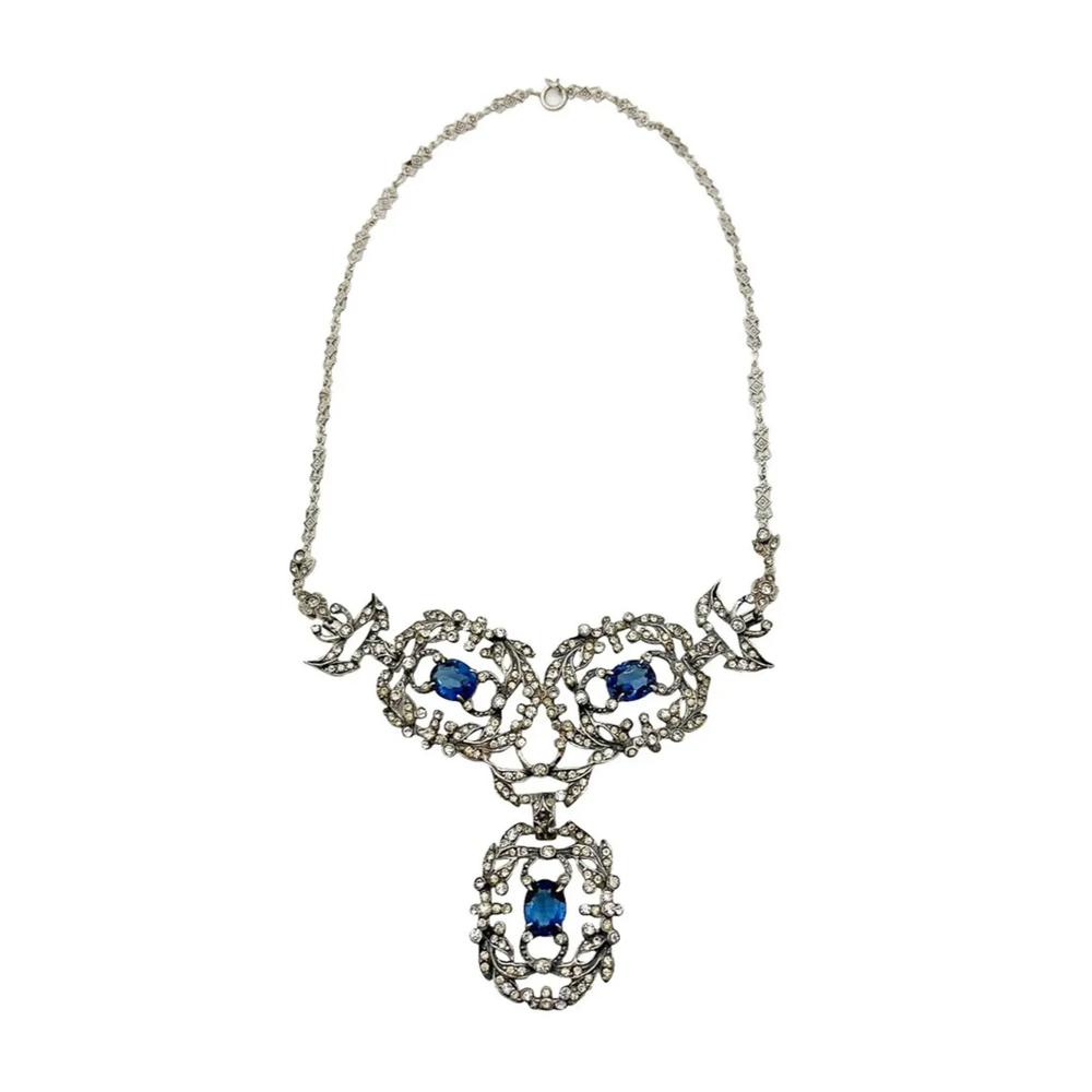 Vintage Castlecliffe Renaissance Sterling Silver &amp; Sapphire Paste Necklace 1940s 1