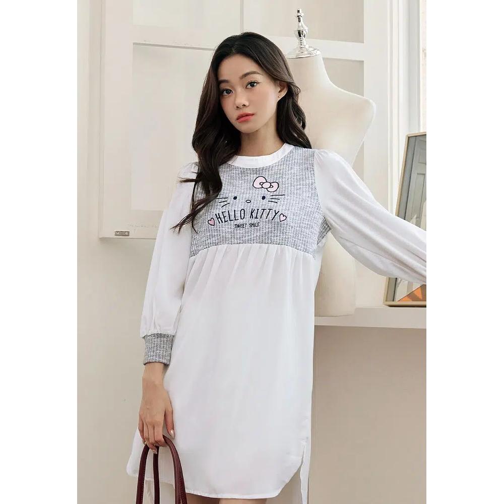 HELLO KITTY Пэчворк рифленое вышитое платье мини с перепадом длины [KB1395] 1