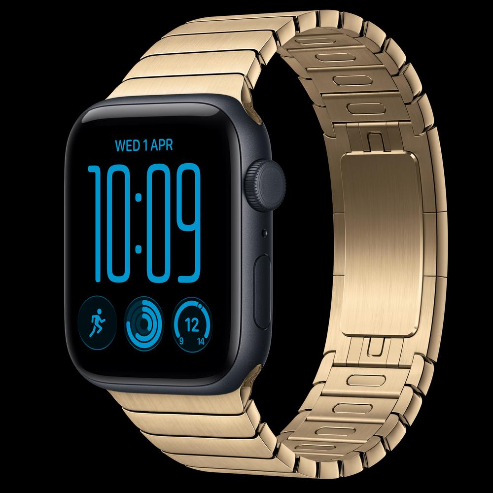 Apple Watch SE 3 44 мм, GPS + Cellular, алюминий, Midnight, ремешок Radiant Gold Link Bracelet 1