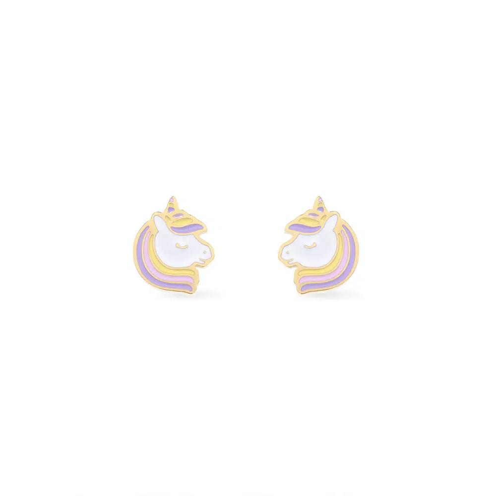 Unicorn Эмаль Золотые Серьги с Плоской Застежкой 1