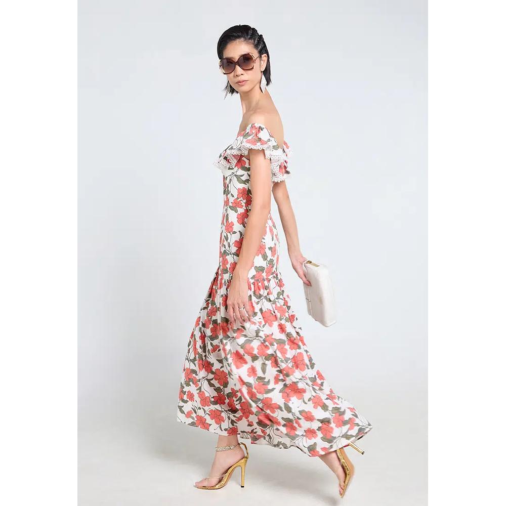Платье льняное с оборками, с открытыми плечами, в цветочек 5