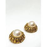 Vintage French Couture Etruscan galleried half pearl earrings 1980s 2