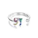 Solid 925 Sterling Silver Разноцветные радужные буквенные регулируемые кольца - N 1