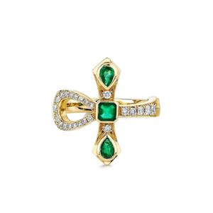 Кольцо Eternal Ankh из желтого золота с бриллиантами и изумрудами