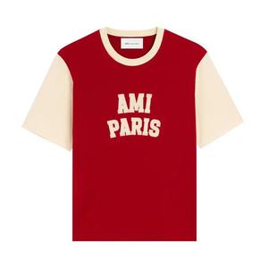 Футболки с коротким рукавом Ami T-Shirt With Paris Felt Embroidery 'Rouge Rubis/Ivoire'