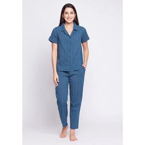 Clovia Sassy Stripes рубашка на пуговицах и пижама в темно-синем цвете - хлопок