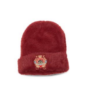 Шапка бини из искусственного меха с вышивкой