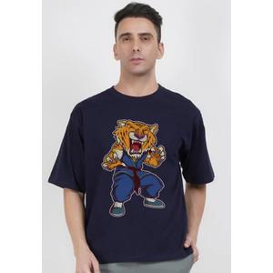 Увеличенная базовое футболка с коротким рукавом из хлопка Navy Blue с принтом Tiger Kungfu