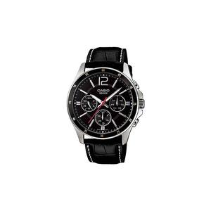 Мужские хронографы MTP-1374L-1AV с черным кожаным ремешком