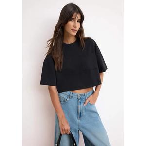 Черная футболка с коротким рукавом Boxy Low Arm Short Sleeve 1% Cotton Knitted T-Shirt Twoss26Ts185