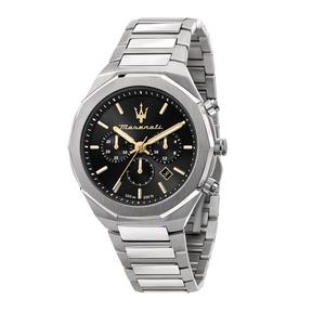 【2 года гарантии】Maserati Stile 45mm Черный солнечный циферблат Мужские хронограф Кварцевые часы R8873642010 С люминесцентными стрелками и метками