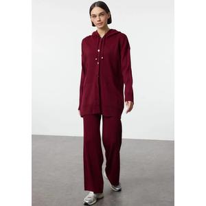 Бордовый oversize трикотажный комплект топ+брюки с капюшоном TCTAW25US00022