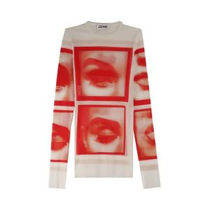 Футболка с длинным рукавом Jean Paul Gaultier Re-Edition Mesh Longsleeve Top с принтом глаз и губ 'Белый/Красный/Светло-оранжевый'