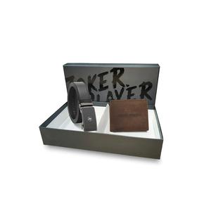 Подарочный набор - Кожаный RFID-кошелек + 35мм автоматическая пряжка ремень - Коричневый / Черный