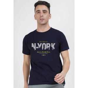 Футболка с принтом N-York, темно-синяя, хлопковая, с коротким рукавом, круглым вырезом, свободного кроя