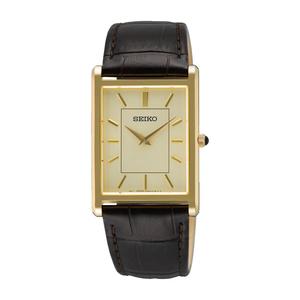 Seiko Conceptual Regular Прямоугольный золотой корпус, светлый шампань солнечный циферблат, темно-коричневый кожаный ремешок, кварцевый SWR106P1