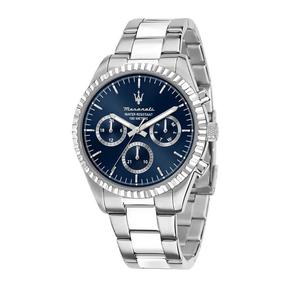 【2 года гарантии】Maserati Competizione 43mm Синий циферблат Серебристый хронограф из нержавеющей стали Мужские кварцевые часы R8853100022 С люминесцентным циферблатом и стрелками
