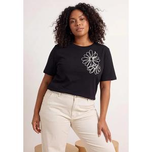 Черная футболка plus size из 100% хлопка с цветочной вышивкой, обычная посадка Tbbss26Bf00017