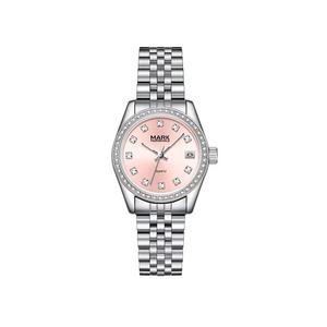 Женские часы из нержавеющей стали кварцевые, 32mm, розовый циферблат с 12 кристаллами, металлический браслет