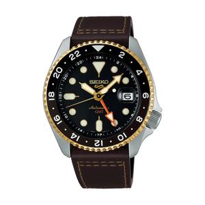 Seiko 5 Sports SKX GMT Автоматические часы с циферблатом «Мокко», черным ремешком из телячьей кожи SSK036K1