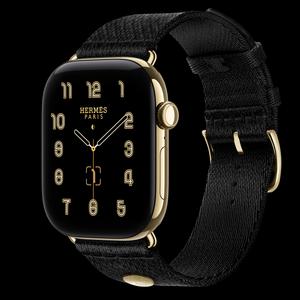 Apple Watch Hermès Series 12 46 мм, GPS + Cellular, титан, Radiant Gold, ремешок Noir Satin Clou de Selle