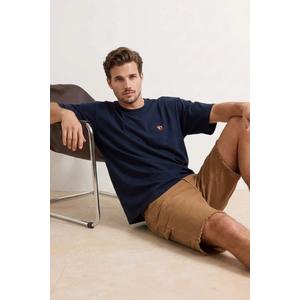 Navy Blue Свободного Кроя/Широкий Крой Футболка с Вышивкой Лисы 100% Хлопок Tmnss26Ts00047