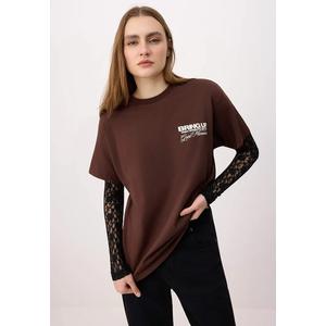 Коричневая футболка с лозунгом оверсайз / широкого кроя с кружевной отделкой длинная 1% хлопок трикотажная Twoss26Ts239