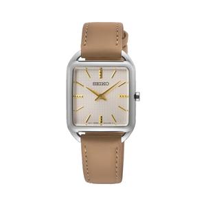 Seiko Lady Essentials Collection Квадратный корпус Бледно-розовый циферблат Бежевый кожаный ремешок Кварцевые часы SWR089P1