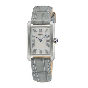 Коллекция Seiko Essentials прямоугольный корпус, циферблат из перламутра, ремешок из светло-серой кожи, кварцевые часы SWR099P1