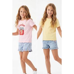 Желто-розовый набор из 2 футболок трикотажных с принтом для девочек Tkdss26Ts00008