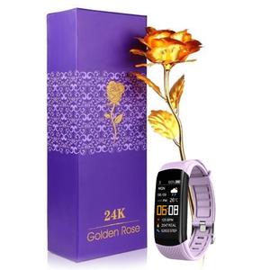 Подарочный набор - Фитнес-смарт-часы / MOHLIA® 24K позолоченная Infinity Rose - Унисекс IOS/Android IP Черные водонепроницаемые фитнес-смарт-часы, мониторинг пульса, погода, часы, с фиолетовым резиновым ремешком