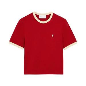 Футболки Ami Red Contrasted Cotton T-Shirt With Ami De Coeur 'Рубиново-красный/Слоновая кость'